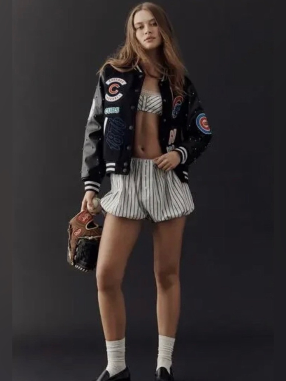 Wild Collective Anthropologie Chicago Cubs Black Varsity Jacket with Patches - Picture 5 of 6